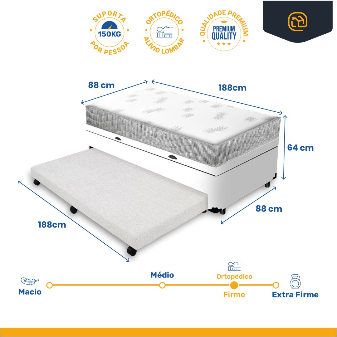 Cama Box Baú e Auxiliar Solteiro + Colchão de Espuma Ortobom Light Liso 88cm - 4