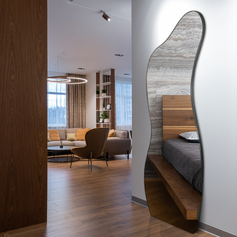 Espelho Grande do Pinterest Retrô Corpo Inteiro 170x70cm Moldura Couro 3cm - Mod. Curves Caramelo