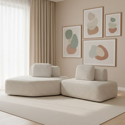 Sofá 2 Lugares Orgânico com Chaise e 1 Módulo Central Berlim Bouclê Cinza Claro K01 - D’Rossi