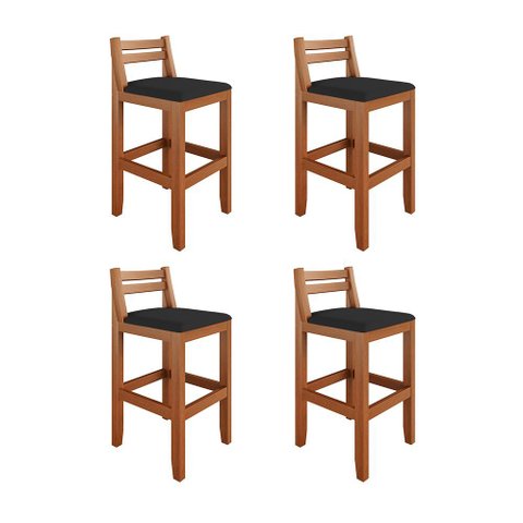 Kit 4 Banquetas em Madeira Maciça Ibiza Ilha 78 Cm - Malbec Assento Preto