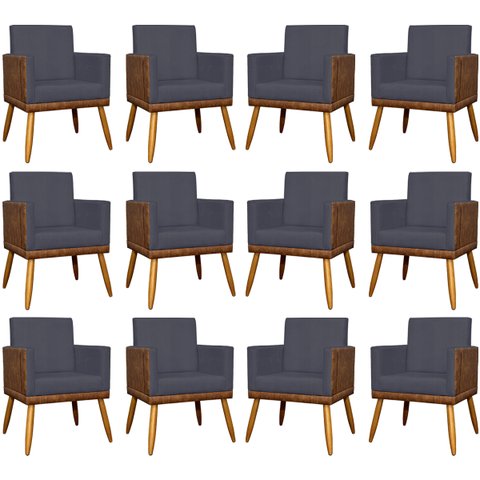Kit 12 Poltronas Decorativas Lis Corino e Linho Cores Pé Palito 30 Cm Castanho