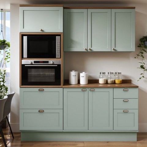 Cozinha Modulada 100% MDF 3 Peças com Torre Quente e Tampo Iluminata Verde/Mint/Ébano Fosco