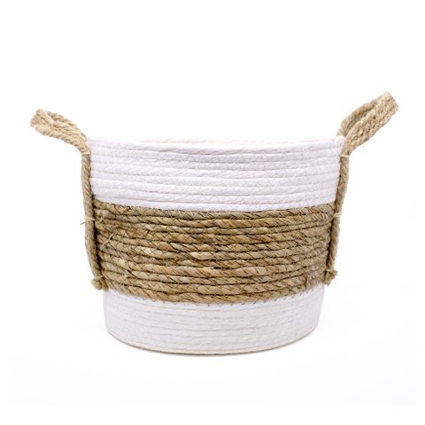 Cesto de Fibra Natural Seagrass Listrado Branco 19x26x26 cm - D’Rossi