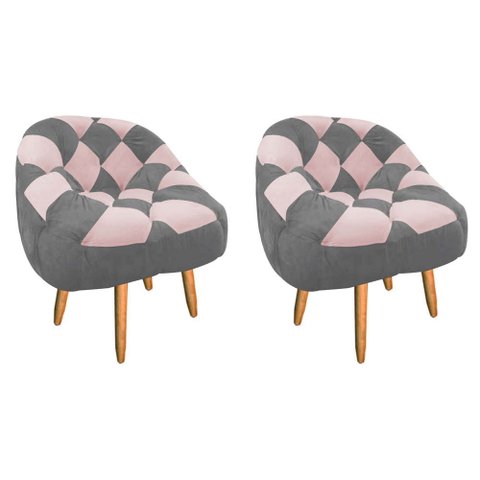 Kit 02 Poltrona Paloma Escritório Sala Pé Palito Suede Cinza e Suede Rosa Bebê - DOMINIC DECOR