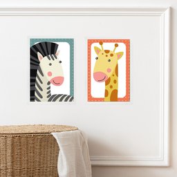 Kit 2 Quadros Infantis Bichos do Safari 33x24cm:moldura Preta - 1