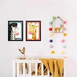 Kit 2 Quadros Infantis Bichos do Safari 33x24cm:moldura Preta - 2