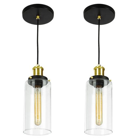 Kit 2 Lustres Pendentes Château Cilindrico Vidro Preto Gold