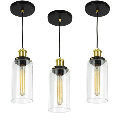 Kit 3 Lustres Pendentes Château Cilindrico Vidro Preto Gold