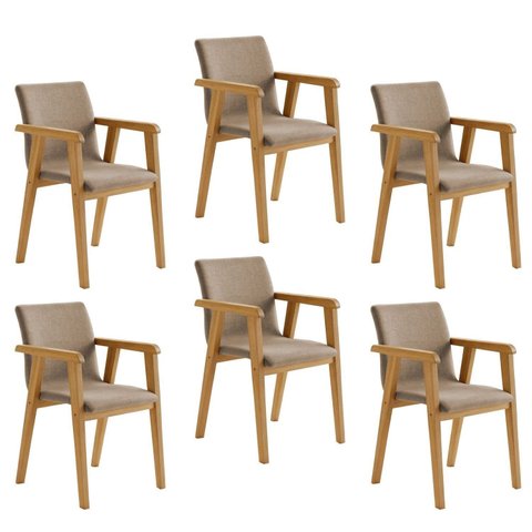 Kit 6 Cadeiras com Braço para Sala de Jantar Pés Madeira Maciça Flora Bege/Cinamomo