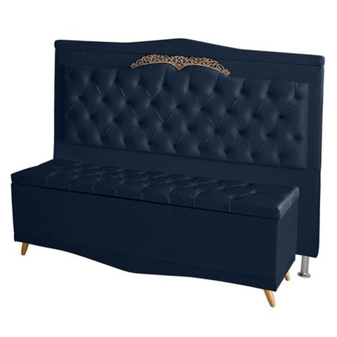 Kit Cabeceira de Cama Box e Calçadeira Baú Madr Casal 140cm Suede Azul Marinho