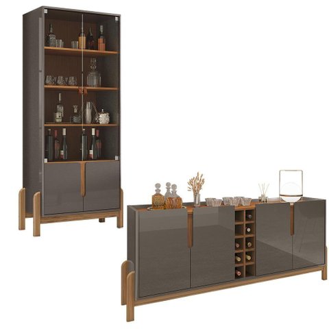 Aparador Buffet 190 com Cristaleira Lizz Pés Madeira Maciça Cinza Perola/cedro