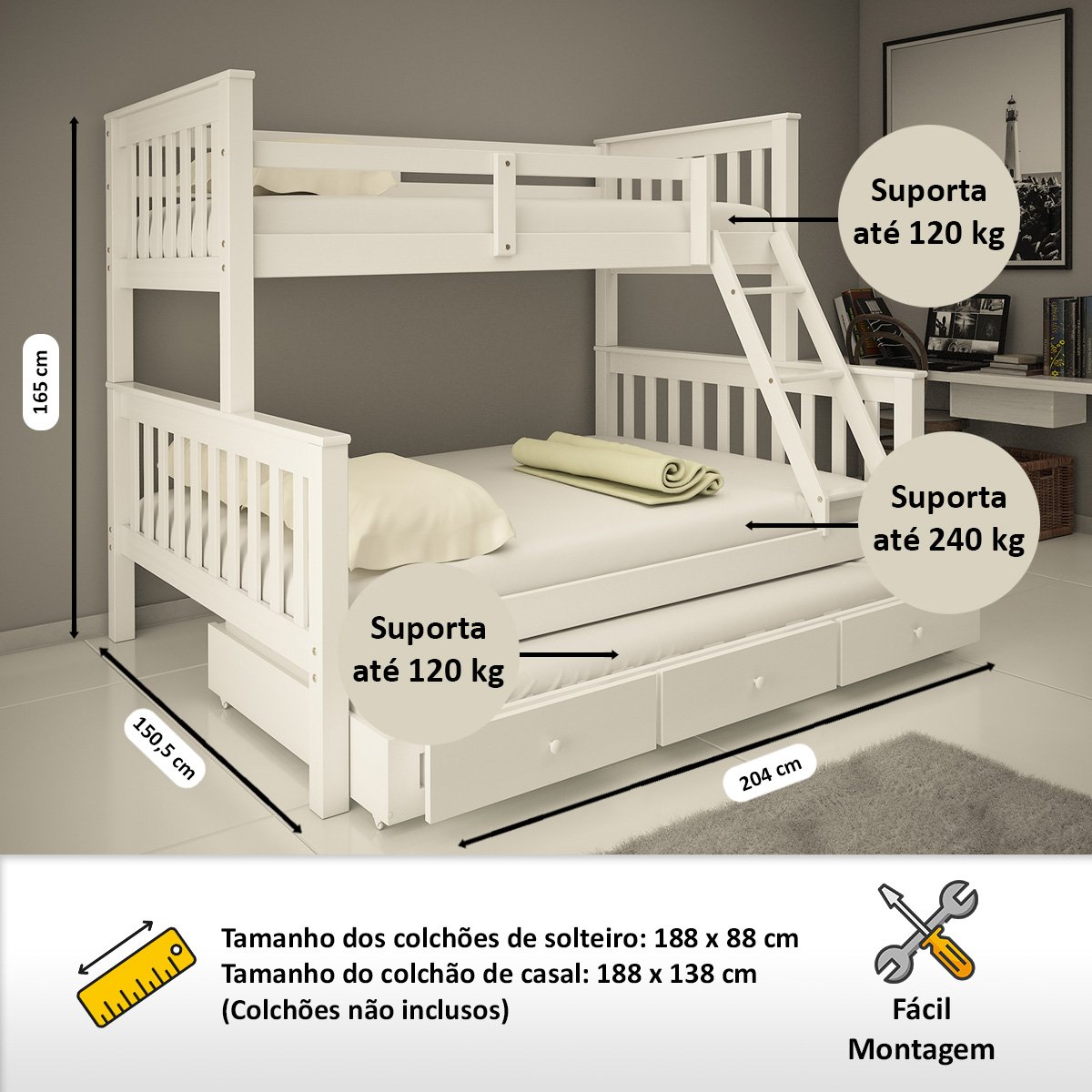 Treliche com Gavetas Cama Casal Solteiro de Madeira Flex Exclusivo Totalità - 2