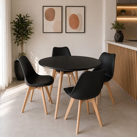 Conjunto Leda Mesa Tampo Preto 90cm & 4 Cadeiras Pés de Madeira Preta Almofada