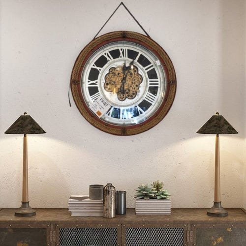 Relógio De Parede Moldura Couro Vintage Espelho 68 X 68 - 1