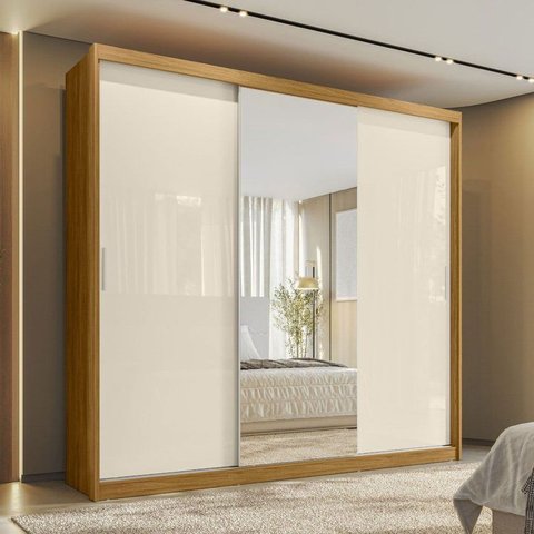 Guarda Roupa Casal com Espelho 3 Portas de Correr e 4 Gavetas 100% MDF London Cinamon/Offwhite Yesca