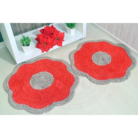 Par de Tapetes Maria Flor - Vermelho e Bege Arte & Tear