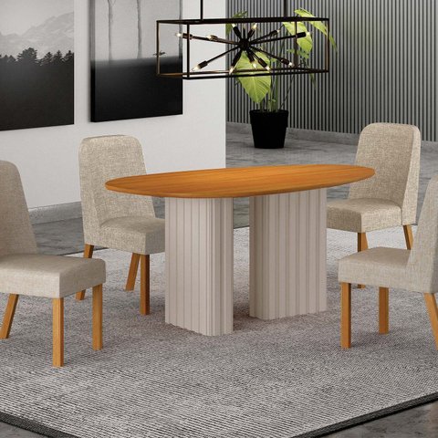 Conjunto Sala de Jantar 4 Cadeiras Isis Tampo Orgânico MDF 135cm Marrom/Off White/Palha