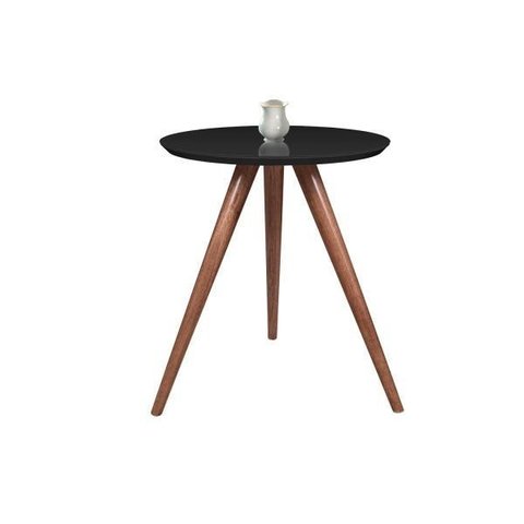 Mesa Lateral Redonda 50cm Preta Vidro com Pés Palito em Madeira Eucalipto 70cm