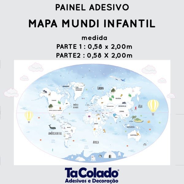 Black November - Painel Adesivo Mapa Mundi Infantil - 1,07 x 1,65m - 2