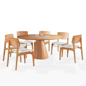 Mesa de Jantar Allure Vidro Centro com 6 Cadeiras Valença Linho Off White 130x130