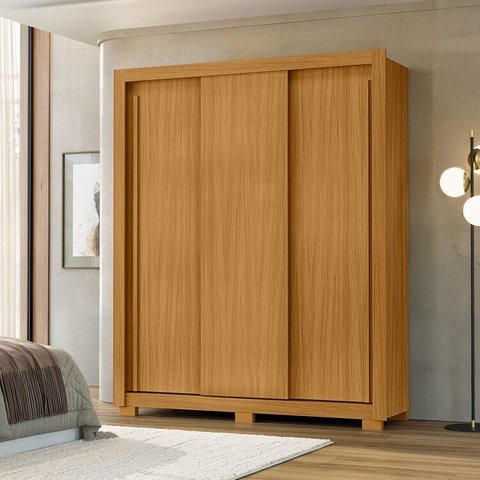 Guarda Roupa com Portas de Correr 3 Portas 2 Gavetas Saint 156cm Marrom/Carvalho Americano