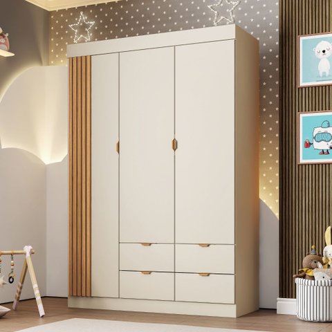 Guarda Roupa Roupeiro Ayla 100% MDF 3 Pts 4 Gav Detalhes Ripados Quarto de Bebê Off White Phoenix