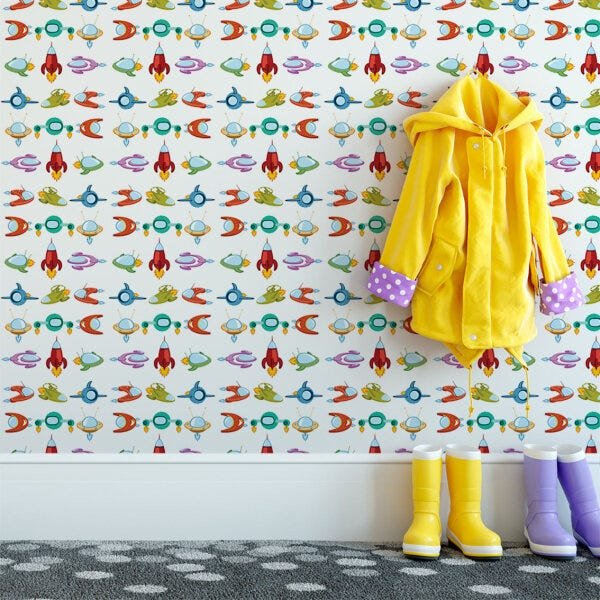 Papel de Parede Adesivo Infantil Astronauta Disco Voador Nave Espacial Foguete SSIN-044 - ROLO - 2M  - 2
