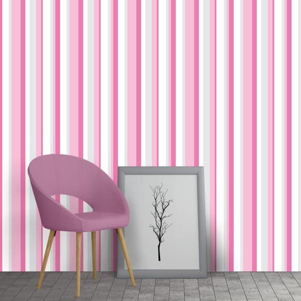 Papel de Parede Adesivo Listrado Rosa Pink Cinza e Branco Quarto Ambiente Feminino - SSLI-084 - ROLO - 1