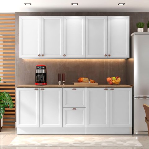 Cozinha Compacta Clássica com Tampo 6 Peças 200cm Unna Poliman Móveis