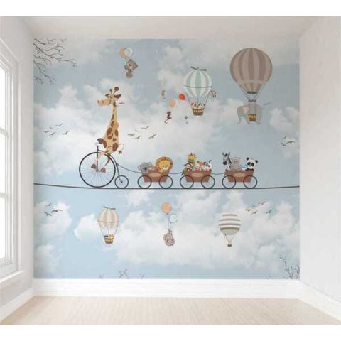 Papel De Parede Infantil Safari Trenzinho Balões Azul