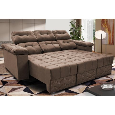 Sofa Itália 2,40 Mts Retrátil e Reclinavel Tecido Suede Castor - Cama InBox