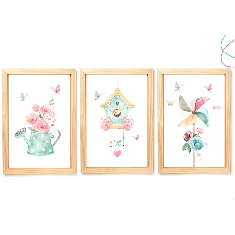 3 Quadrinhos Decorativos Infantil Aquarela em Cores: Pinus