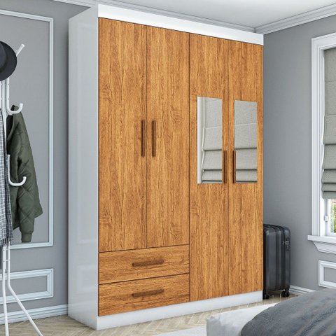 Guarda-roupa Solteiro Genova 4 Portas 2 Gavetas com Espelho Branco/cinamomo - Carioca Móveis