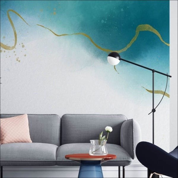 Papel de Parede Aquarela Azul com Dourado - 0,50cm x 3,50m - 1