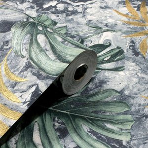 Papel de Parede Estampado Folhagem Azul e Verde com Glitter Vinilico Lavável+cola