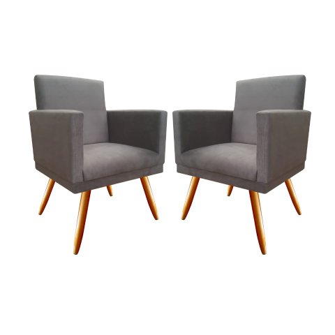 Kit 2 Poltronas Decorativa Nina Suede Cinza Pés Madeira Mz Decor