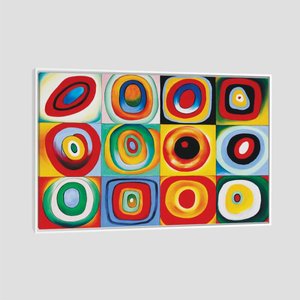Quadro Kandinsky Quadrados Com Círculos Concêntricos Tela Moldura Branca 45X30Cm