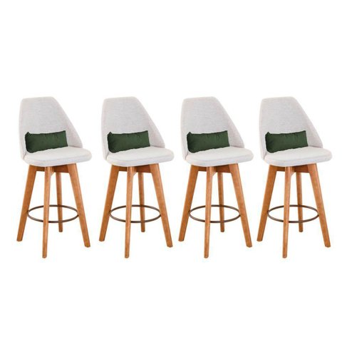 Kit 04 Banquetas Linho Bege e Almofada Suede Verde Musgo