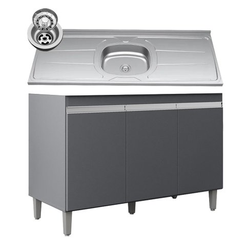 Balcão de Cozinha com Pia Inox 120cm 3 Portas Manu Cinza - Ajl Móveis