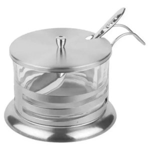 Açucareiro Vidro Tampa Colher Aço Inoxidável 200ml Alça Inox Resistente Elegante Cozinha Açú