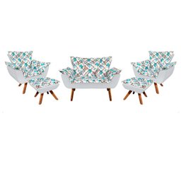 Kit 01 Namoradeira com 02 Poltronas e 02 Puffs Opala Composê Suede Cinza com Estampado Traçado - 1