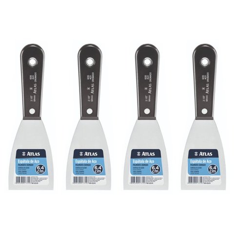 4 Espatula Massa Gesso Aço Cromado 6,4cm Cabo Plastico Atlas
