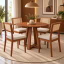 Ver imagem 1 de Conjunto Mesa de Jantar Redonda 4 Cadeiras Estofadas Encosto Tela 100% MDF Pinhão/Bege Rústico - Dal