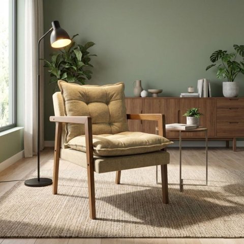 Poltrona Moderna Confortável Sala de Estar com Design Elegante Estofado Sofisticado Madeira Natural