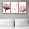 Kit Placas Quadros Decorativos 3 Pçs 60x40 Floral Flor Love Rosa - 3