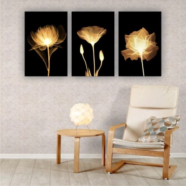 Kit Placas Quadros Decorativos 3 Pçs 60x40 Floral Flores Amarelas - 4