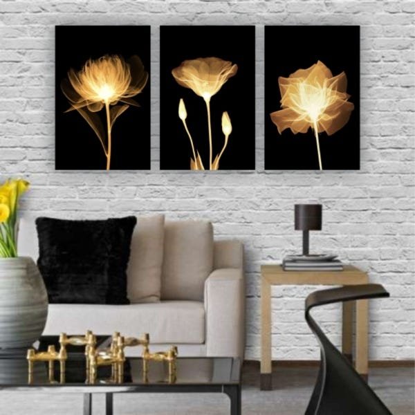 Kit Placas Quadros Decorativos 3 Pçs 60x40 Floral Flores Amarelas - 3