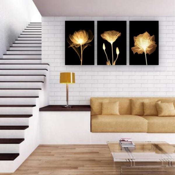 Kit Placas Quadros Decorativos Sala 3 Pçs 80x60 Floral Flores Amarelas - 5