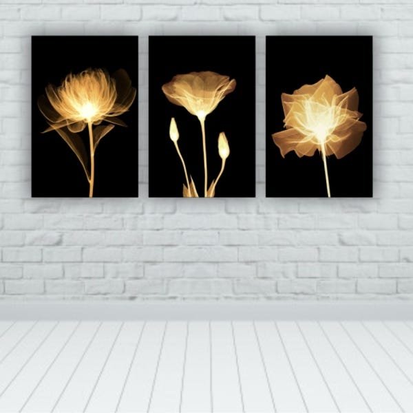 Kit Placas Quadros Decorativos Sala 3 Pçs 80x60 Floral Flores Amarelas - 2