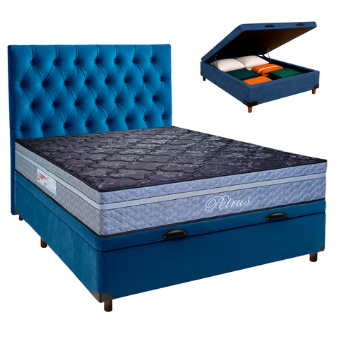 Cama Box Bau + Colchão Casal Molas Ensacadas Petrus Paropas + Cabeceira Estofada